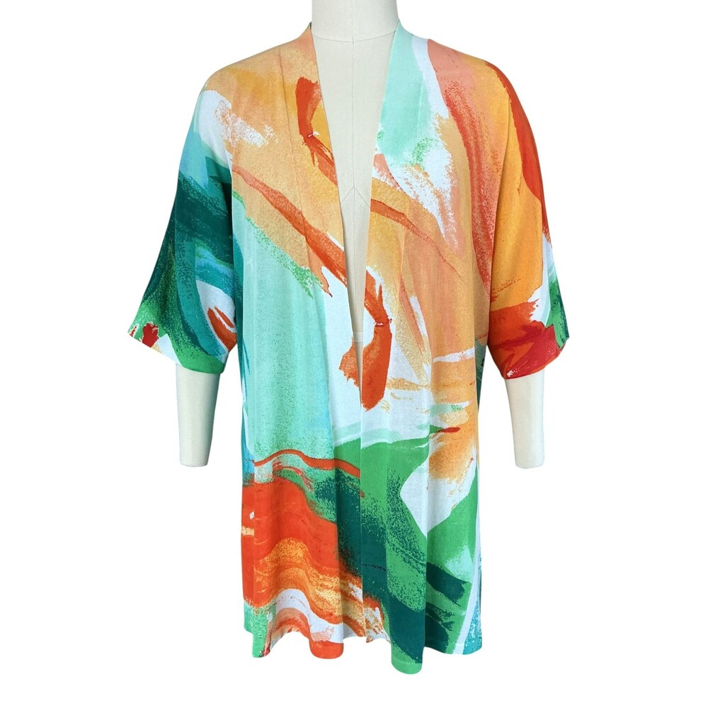 Chicos Open Front Kimono Cardigan Duster sz 3 XL Cotton Knit Abstract Painterly